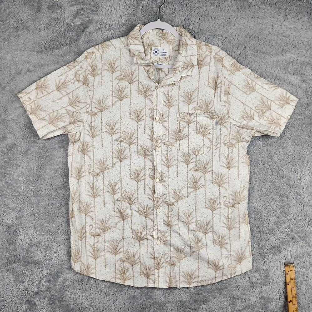 Hurley Shirt Mens XL White Flamingo Palm Tree Stretch Button Hawaiian Aloha Y2k